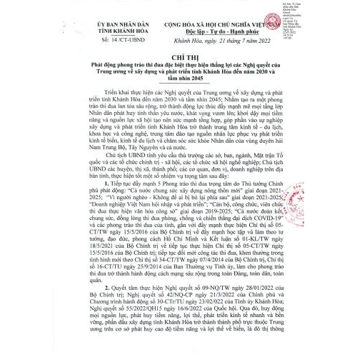 Chỉ Thị Phát Động Phong Trào Thi Đua Đặc Biệt Thực Hiện Thắng Lợi Các Nghị Quyết Của Trung Ương Về Xây Dựng Và Phát Triển Tỉnh Khánh Hòa Đến Năm 2030 Và Tầm Nhìn 2045